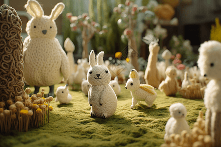 卡通玩具在草地上羊毛毡动物背景