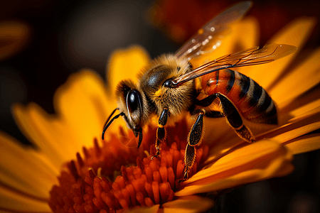 蜜蜂采蜜的侧面特写图片