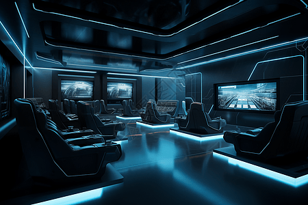 具有高科技屏幕和先进投影技术的未来派电影院。，高清图片