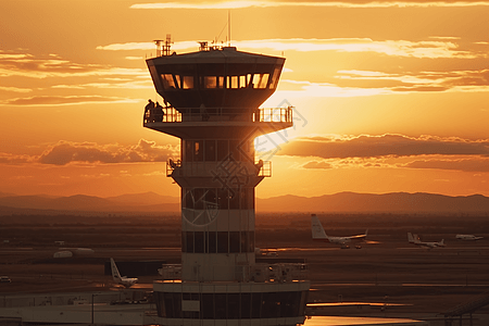机场控制塔的落日特写图图片