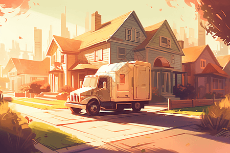 外部运输送货卡车驶过郊区社区插画