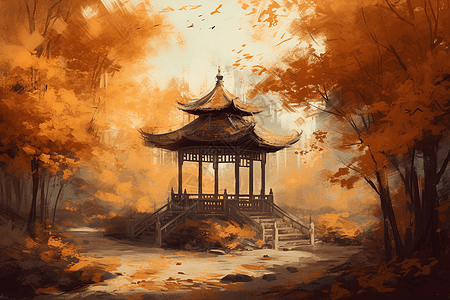 秋天森林中国的亭子图片