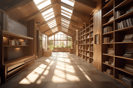 建筑顶部透光的木制图书馆图片