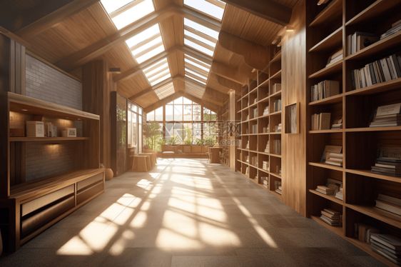 建筑顶部透光的木制图书馆图片