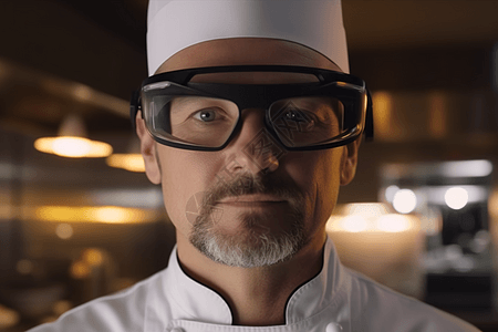 戴着AR眼镜的厨房中的厨师正面特写背景图片