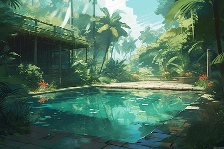 热带游泳池的神奇景色图片