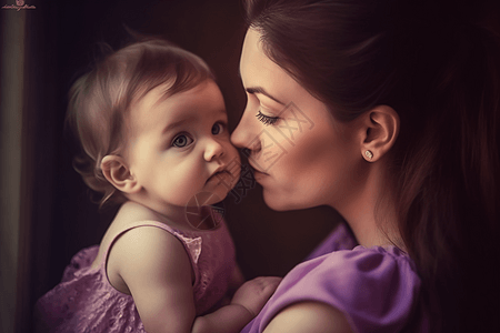 佩戴者紫色装饰的妈妈和宝贝图片