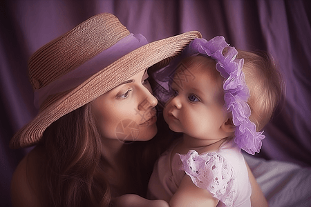 佩戴者紫色装饰的妈妈和宝宝图片