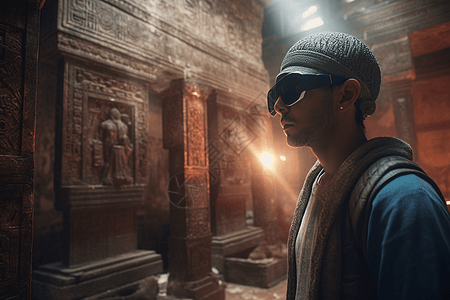 一位戴着AR眼镜探索寺庙的人高清图片