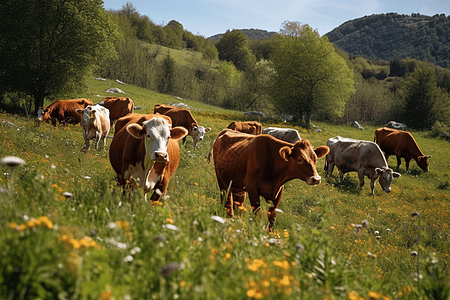 几头牛在草地上吃草图片