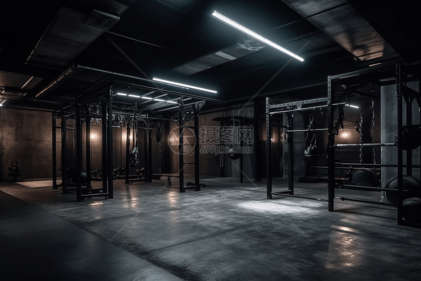 混暗的健身房训练器。图片