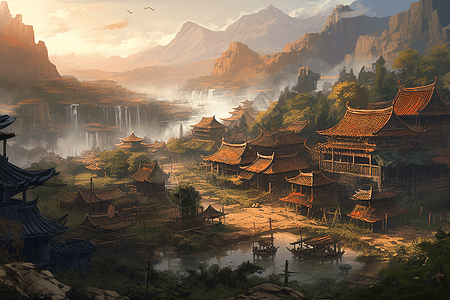 山丘上的中国村庄图片