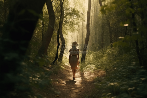 森林里行走的女人图片
