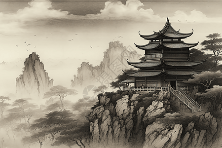 云海里的中国水墨风宫殿高清图片