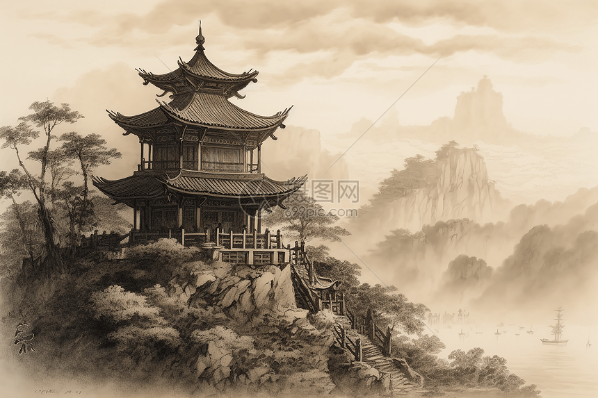 云海里的中国水墨风宫殿图片
