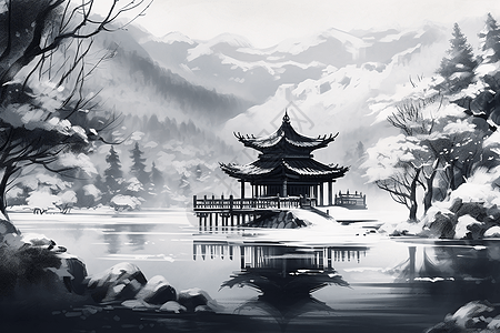 雪后湖里的亭子插画图片