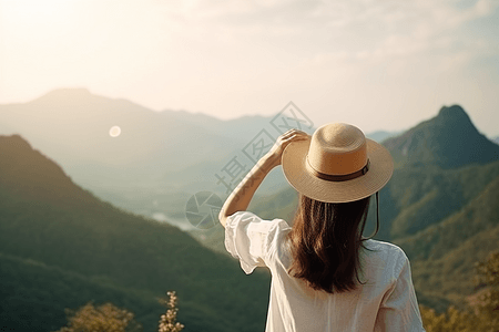 戴着帽子女孩夏日在山顶的女孩背景