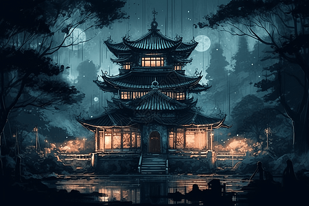 灯火通明的中国宫殿图片