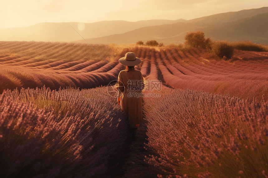 一个人站在薰衣草的田野里图片