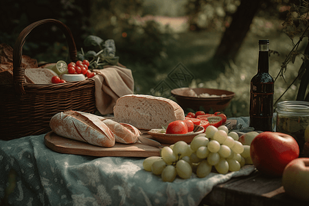 法式面包丰富的野餐插画