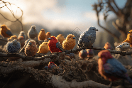 羊毛毡鸟群渲染图图片
