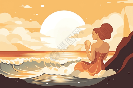 坐在海边的女人图片