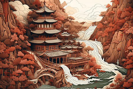 壮美中国山水楼阁景观多维剪纸插图图片