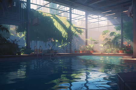 新海诚风格的室内游泳池场景插画背景图片