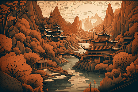 中式插画建筑风景图片