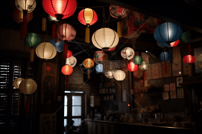 彩色灯笼装饰的居酒屋图片