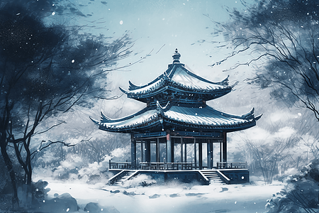 风雪中的中式建筑插画背景图片