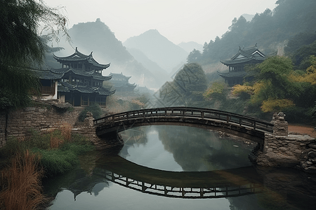 高清风景在宁静的河上的一座桥，可以看到远处的中国传统村庄，高清背景