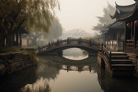 在宁静的河上的一座桥，可以看到远处的中国传统村庄，高清图片