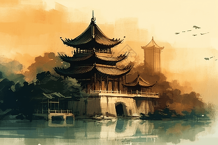 中式建筑插画风景图片