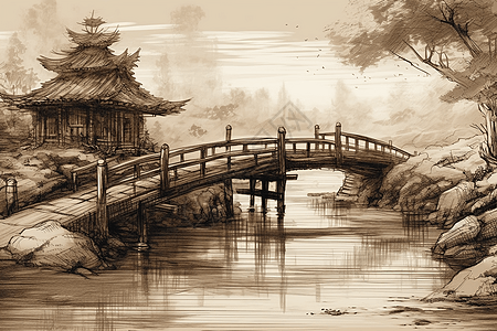 中式木桥水墨插画图片