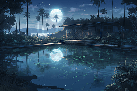 月光下的泳池图片
