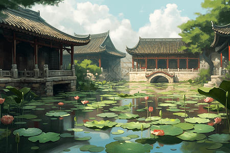 宁静的中国花园池塘和荷花图片