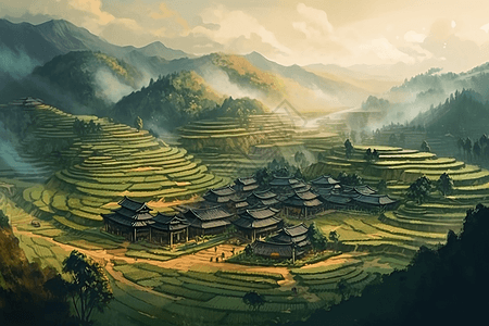 中国乡村全景画图片