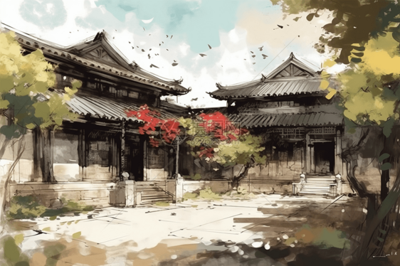 郁郁葱葱的中国宫殿庭院图片