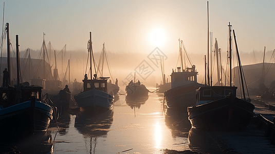 黎明前的渔船图片