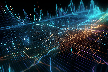 主题: 在线虚拟交易视角: 抽象视图背景: 具有浮动元素的虚拟交易平台风格: 抽象形状和颜色渲染和照明: 鲜艳的色彩，对比视觉图图片