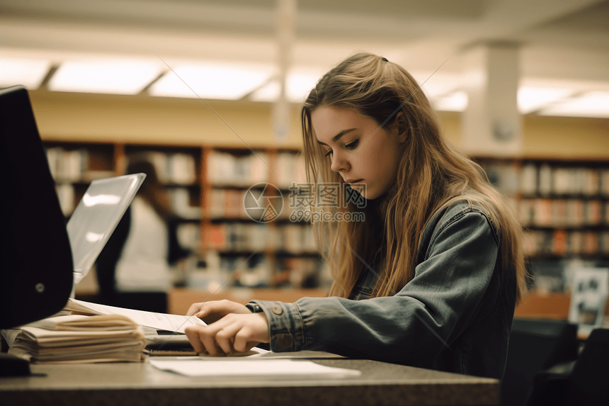 一名学生在图书馆看书图片