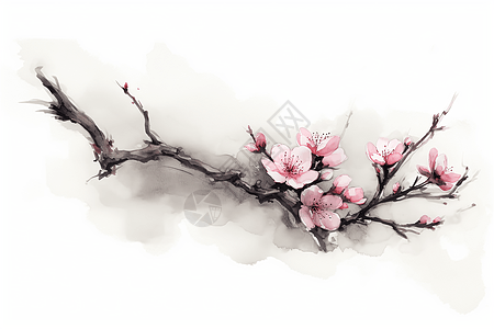 桃花树枝水墨画图片