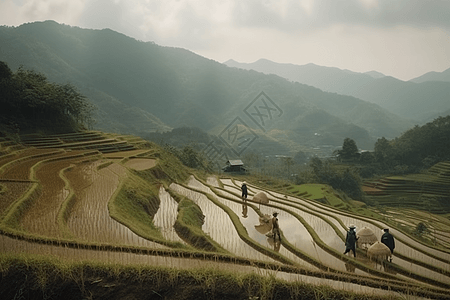 妇女在山上稻田做农活图片