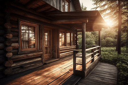 阳光温暖户外木制小屋图片