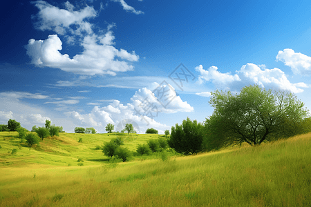 春天草和树蓝天白云和草地背景