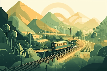 绿色乡村和火车插画图片