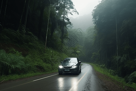 一辆豪华轿车在雨林中驾驶图片
