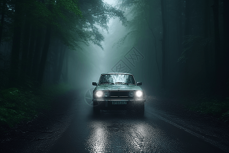 古董车穿过薄雾和雨水行驶在道路上图片