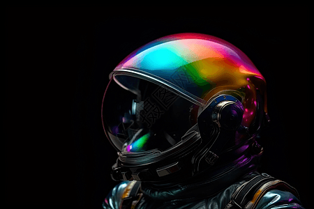 宇航员的头盔在太空的黑暗中反射出彩虹图片